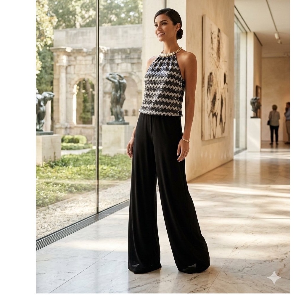 Evening Sequin Chevron Halter Jumpsuit Black Silver Wide Leg Formal M Glamour